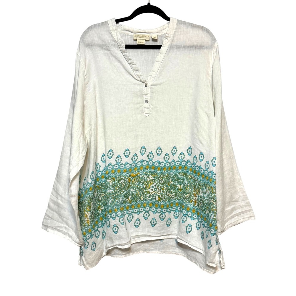 Cynthia Rowley Coastal Boho 100% Linen Blouse Womens Size 2X Cottagecore Artsy